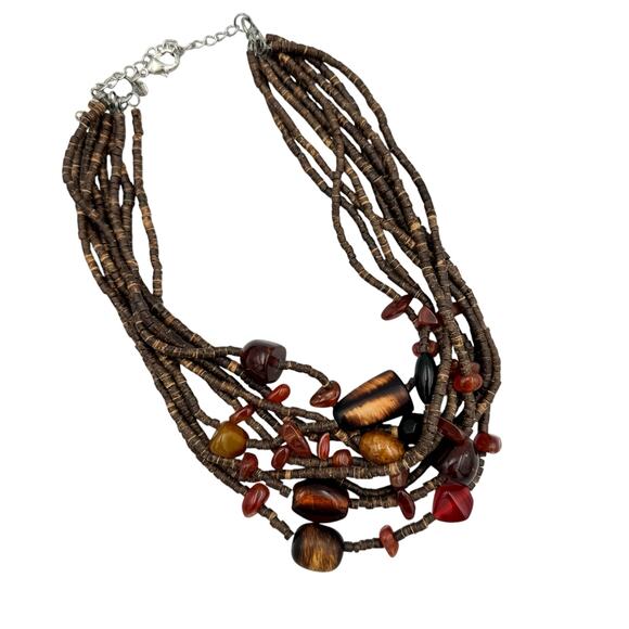 Chico’s Multi Strand Wood Bead Brown Red Stones Short Chunky Statement Necklace - Picture 1 of 8